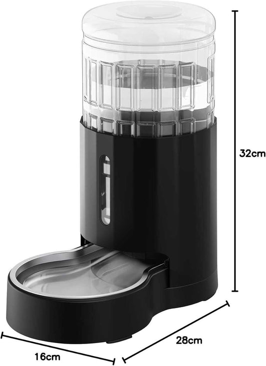 4L Automatic Gravity Pet Water Dispenser with Stainless Steel Bowl and Visible Window, Safe and Unplugged Design, Black