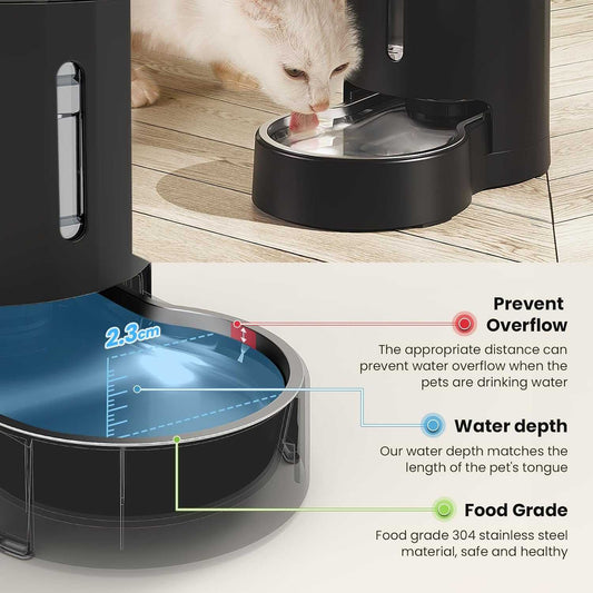 4L Automatic Gravity Pet Water Dispenser with Stainless Steel Bowl and Visible Window, Safe and Unplugged Design, Black