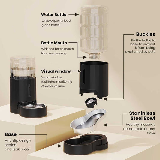 4L Automatic Gravity Pet Water Dispenser with Stainless Steel Bowl and Visible Window, Safe and Unplugged Design, Black