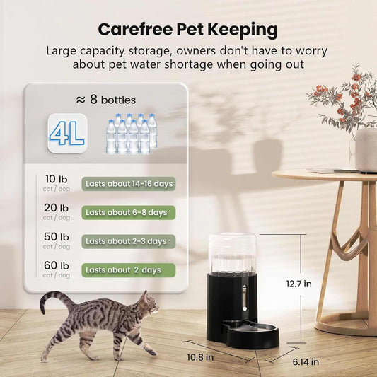 4L Automatic Gravity Pet Water Dispenser with Stainless Steel Bowl and Visible Window, Safe and Unplugged Design, Black