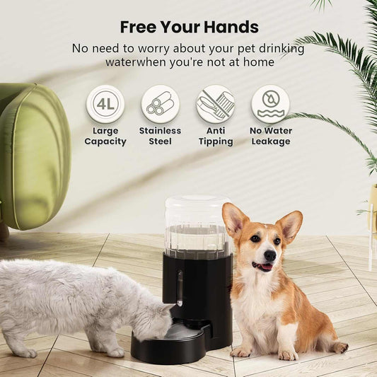 4L Automatic Gravity Pet Water Dispenser with Stainless Steel Bowl and Visible Window, Safe and Unplugged Design, Black